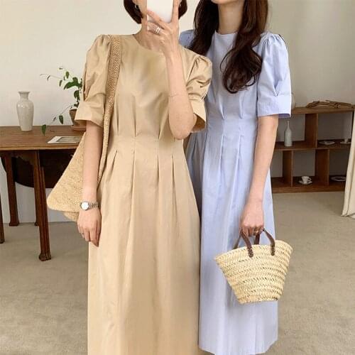 QOERLIN Fresh Solid Bandage Dresses Female 2021 Summer New Short Puff Sleeve High Waist Pleated Lace-Up Elegant Midi Dress Women