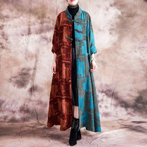 Johnature New Autumn Winter Retro Plate Buckle Cotton Linen Patchwork Women Coats 2020 Leisure Fashion Women Long Coat