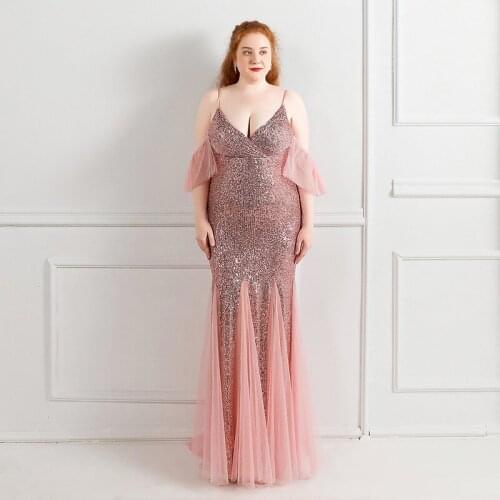 Pink Sequins Evening Dress Spaghetti Strap V-Neck Floor-Length Short Sleeves Elegant Mermaid Plus Size Women Formal Gowns D1283