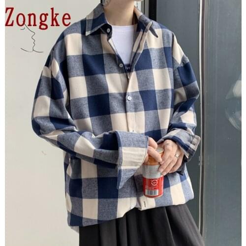 Zongke Plaid Men Shirts For Men Clothing Korean Style Men Shirt Long Sleeve Harajuku Plaid Shirt Korean Clothes 5XL 2021 Spring