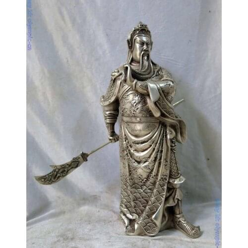 16" China Silver fine carved lucky dragon Guan Yu buddha Sculpture Statue