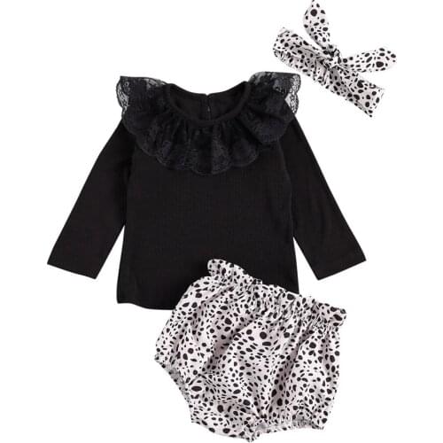 2021 0-24M Autumn Newborn Baby Girl Clothes Lace Collar Long Sleeve Black Romper Top+Leopard Print e Shorts+Headband 3pcs