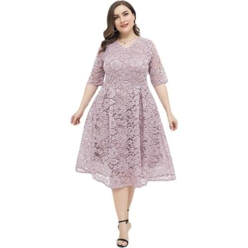 2021 Spring and Autumn Plus Size Womens Dress Light Dress Fresh and Sweet Big Skirt Lace Short-sleeved Dress Party Dress
