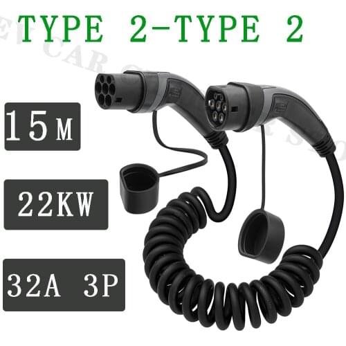 32A EV Charger Cable 22KW Type 2 to Type 2 IEC 62196 EV Charging Plug With 15 Meter Spiral cable TUV/UL Mennekes 2 Connector