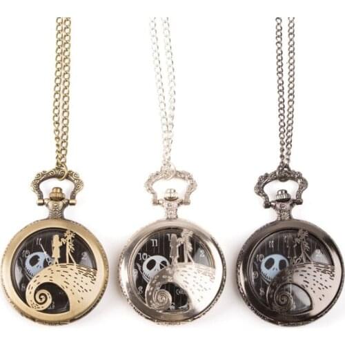 50pcs/lot Vintage Hollowed Nightmare before Christmas Quartz Pocket Watch Gift Watch Necklace Fob Watches Wholesale