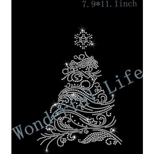 Free Shipping christmas tree rhinestones transfer hotfix in white clear crystal for christmas day