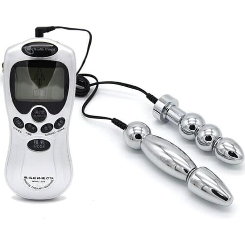 Bipolar electric shock anal bead plug anal vaginal plug electric pulse therapy massager metal masturbation toy men and women