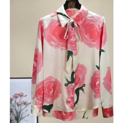 Hot Fashion womens bowtie long sleeves Chiffon Shirts Spring 2021 Flroal print elegant blouses Top C062