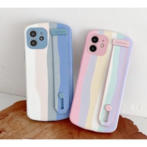 Rainbow Color Wrist Strap Stripe Phone Case For iphone 11 12 Pro Max XS XR 11Pro 12Mini SE 2020 7 8 Plus X Silicone Cover Coque