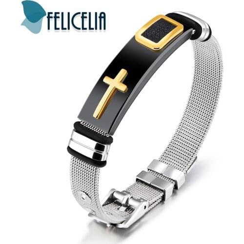Felicelia Fashion Men Cross Bracelet Adjustable Stainless Steel Bracelet Bangles For Men Boys Silver Color Religious Jewelry