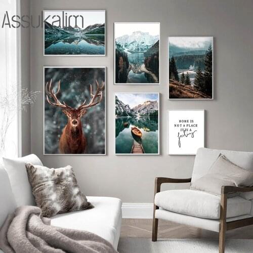 Mountain Forest Canvas Painting Nature Landscape Poster Deer Print Boat Lake Prints Nordic Wall Pictures Living Room Home Decor