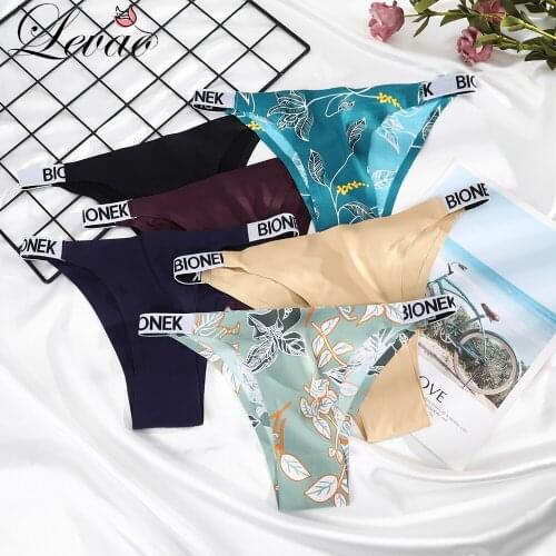 LEVAO New Women Solid Color Printed Briefs Female Letter Belt Panties Ice Silk Pure Cotton Comfortable Womens Underwe