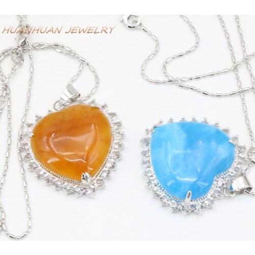Fashion 31mm Heart Shape Natural Stone Jades Chalcedony Pendants Stainless Steel Chain Necklace For Women Crystal Jewelry B3324