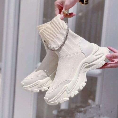 Trendy Beads chain knitted sock boots women winter plush short chelsea bottes thicken soled weaving stretch botines mujer 2021