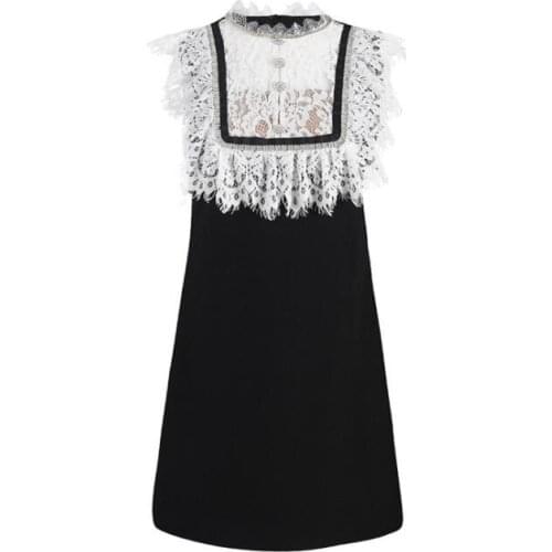 Fashion sundress ruffled sleeveless mini lace dress French heavy hook flower cut-out stitching contrast bag hip vest dress