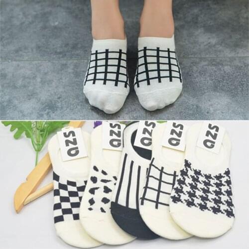 5 Pairs/Lot Womens Low Cut Socks Cotton Black White Leopard Houndstooth Cow Zebra Print Pattern Invisible Socks No Show Liners
