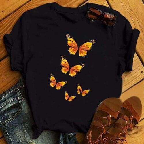 New Fashion Women Clothes Yellow Butterfly Printed Harajuku Summer T Shirt Casual Round Neck Short Sleeves Female Tops T Shirts