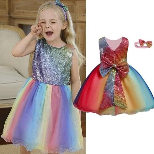Kid Dress For Girl Sparkle Tutu Rainbow Dress First Birthday Outfits Prom Ball Gown Infant Causal Costume Newborn Girl Clothes