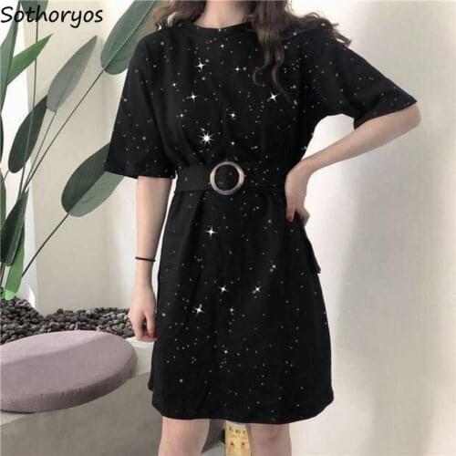 Dress Women Short Sleeve Solid Bling Sequins Waist Down Sashes O-Neck Slim Knee-length Elegant Ladies Trendy Casual Dresses Chic