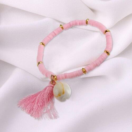 Multicolor Shell Dangle Women Bracelet Polymer Clay Tassel Elastic Chain Bead Bracelet Jewelry Accessory