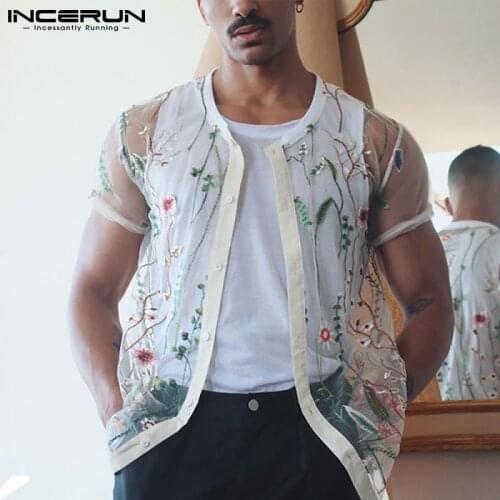 INCERUN Leisure Embroidered Button Camisa 2021 Fashion Printed Shirts Men Short Sleeve V Neck Blouse Man See Through Chemise 5XL