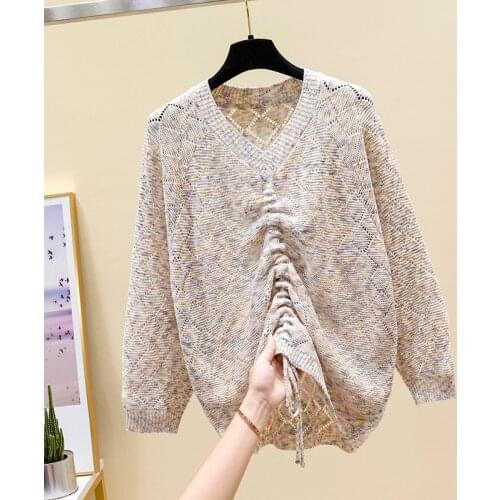 V-neck hollow out long sleeve sweater 2021 early spring new womens wear top fashion foreign style knitted base coat