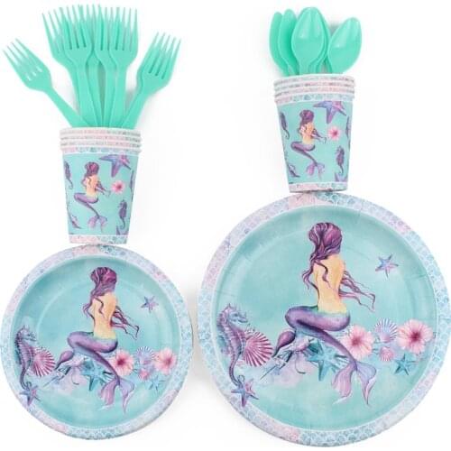 Mermaid Theme Disposable Tableware Paper Tray Paper Towel Cup Tablecloth Balloon Birthday Party Decoration Child Baby Shower