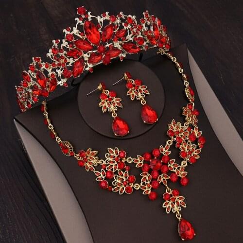 Vintage Baroque Gold Red Bridal Jewelry Sets Rhinestone Crown Necklace Earring For Women Crystal Indian Wedding Hair Accessories