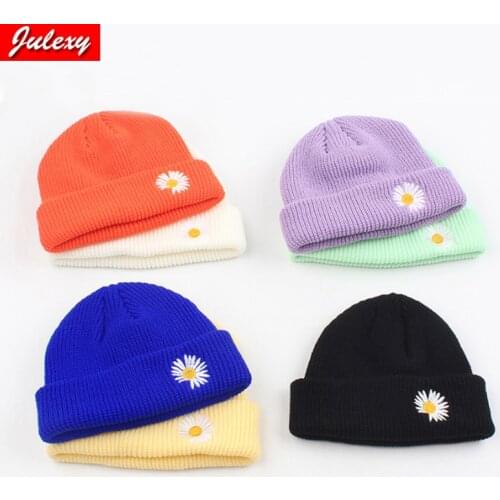 Knitted Hat Female Embroidery Daisy Flowers Yuppie Melon Leather Hat Korean Version Of The Wild New Pure Color Couple Tide Brand