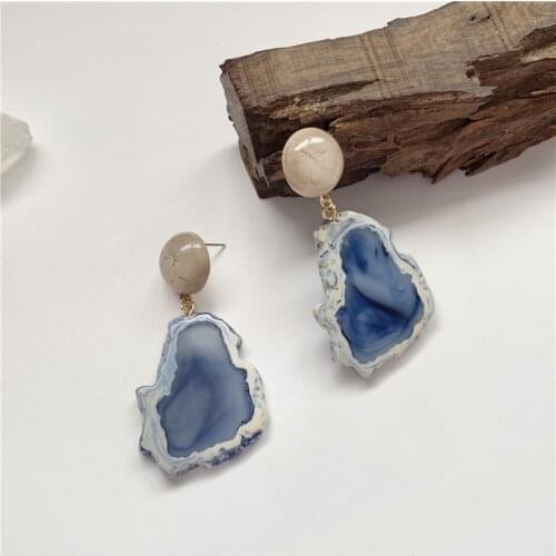 S925 Vintage Haze Blue Resin Korean Temperament Minority Retro Earrings Long Earrings Female Geometry Simple Fashion Jewelry