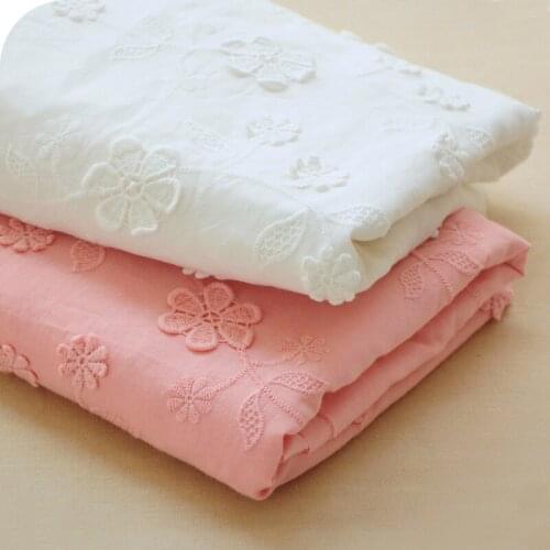 1yard 100% Cotton Lace Fabrics White Pink 3D Floral Embroidered Appliqued Laces for doll dress curtain table cloth