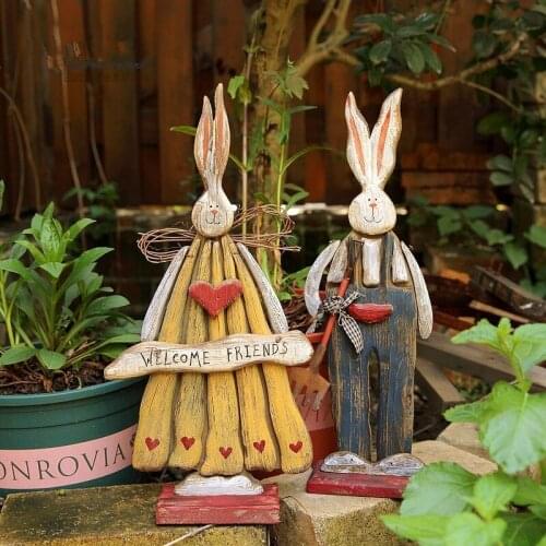 (2 Pieces/set)Retro Finishing Rabbits Wooden Garden Decoration AnimalsOutdoor
