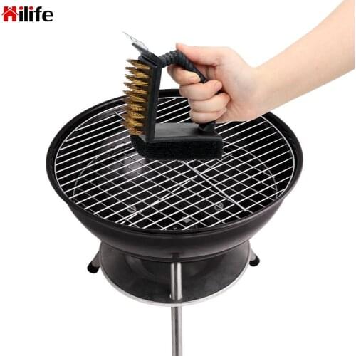 3 in 1 Corner Copper Wire Brush BBQ Cleaning Brush Steel Wire Sponge Shovel BBQ Tool Barbecue Grill Cleaner