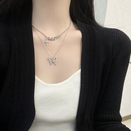 New Fashion Creative Chic Double Layer Cross and Butterfly Pendant Necklace 306