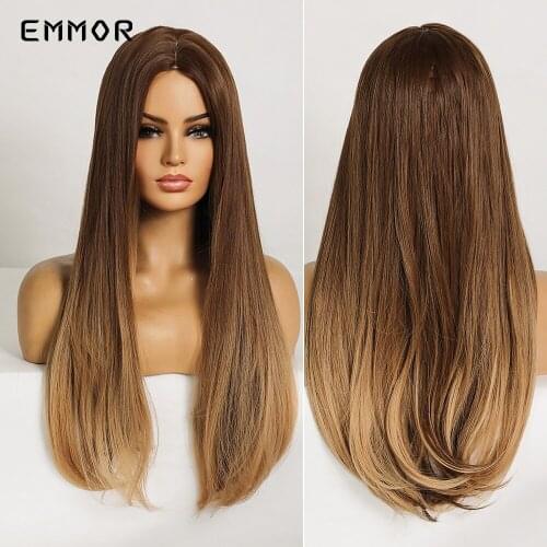 Emmor Long Natural Middle Part Synthetic Wig Women Fake Hair Heat Resistant Brown Blonde Cosplay Straight Wigs with Bangs