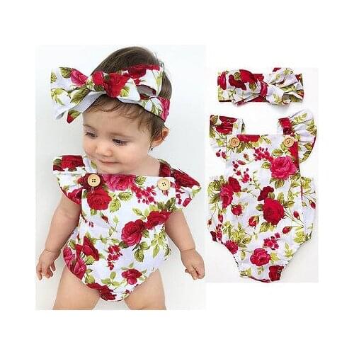 2PCS Newborn Baby Girl Cotton Short Sleeve Flower Jumpsuit Bodysuit Romper + Headband Outfits Summer Sets