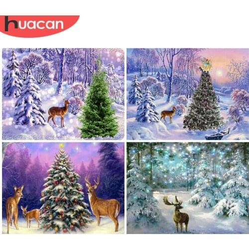 HUACAN 5D Full Square Diamond Painting Christmas Tree Deer Handicraft Diamond Embroidery Landscape Snow Rhinestone Kit Wall Art
