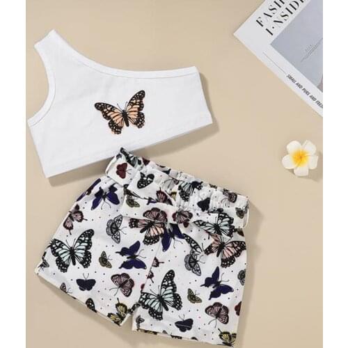 2 pcs Set Summer Girls Clothing Kids Suit Set Summer Butterfly Print One Shoulder Sleeveless Short Tops Shorts Set for Girls