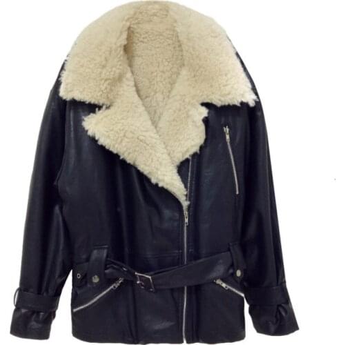 Heydress 2020 Winter Lady Thick Warm Turn Down Collar Leather Coat With Belt Women Loose Lamb PU Fur Jacket Motorcycle Outerwear