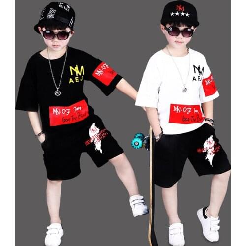 Boys Summer 2019 New Short Sleeve Suit Cotton T-shirt Summer Childrens Sports Hip-hop Two-piece Sets size 110-150 160 170 180