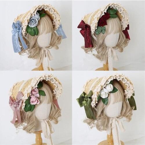 Lolita Tea Party Straw Hat Flat Hat Bonnet Mori Girl Gorgeous Elegant Princess Multi Layer Lace Flower BNT B1833