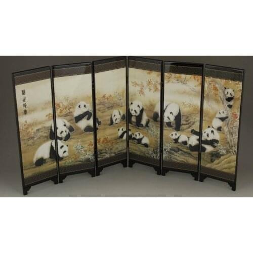 Mini ) Exquisite Chinese Classical Lacquer Painting Folding Screen - Cute Pandas