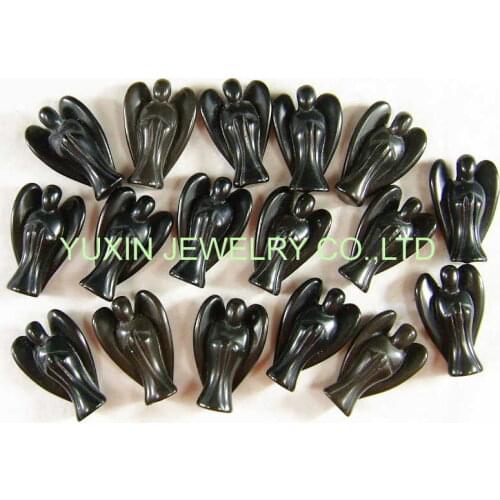20pcs Fashion Natural Black Color Obsidian Angel Charms Statue Carved Angel Figurine Beads With Wing Pendant bead Pendants