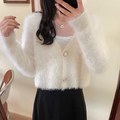 Mohair Sweater Sweet Cardigan Crop Tops Coat 2021 New Femme Roupas Cropped Sweaters V-neck Knitwear Ladies Soft Sueter White