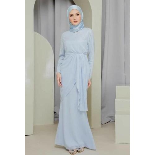 Muslim Long Sleeve Chiffon Evening Dresses with Peplum Light Blue Floor Length Formal Party Dresses for Women