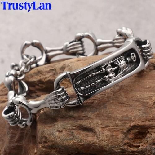 TrustyLan Hiphop Rocker Mens Bracelets Stainless Steel Skull Body Man Bracelet Armband Masculine Jewelry Halloween Accessories