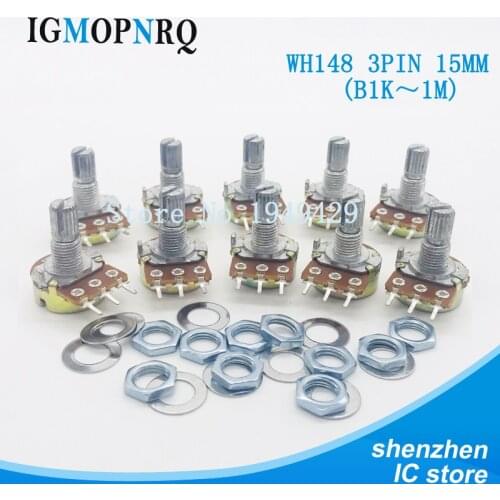 10PCS WH148 Potentiometer Kit Single Joint B1K 2K 5K 10K 20K 50K 100K 250K 500K 1M ohm 3Pin 15mm Shaft With Nut And Washe