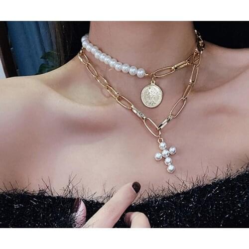 New Elegant Multilayer Pearl Cross Queen avatar Pendant Necklace Statement Alloy Mix and match necklace for Women Jewelry Gifts
