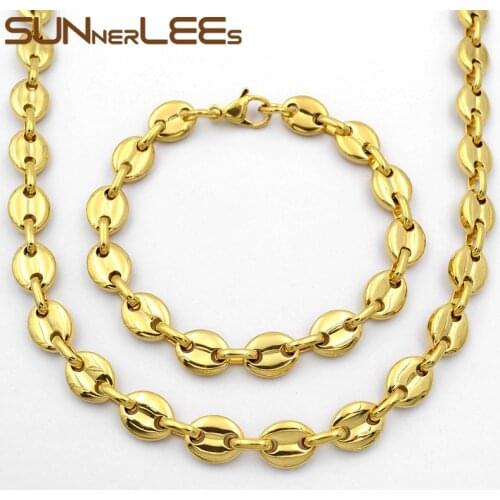 7mm SUNNERLEES Fashion Jewelry Stainless Steel Necklace Bracelet Set Mens Womens Coffee Beans Link Chain SC13 S