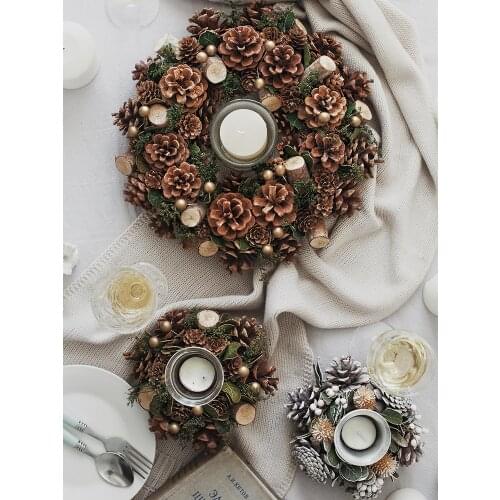 Handmade Christmas Candle Holders Red Berries Pine Cones Festival Party Tabletop Decor Candle-Holder Winter Table Centerpiec